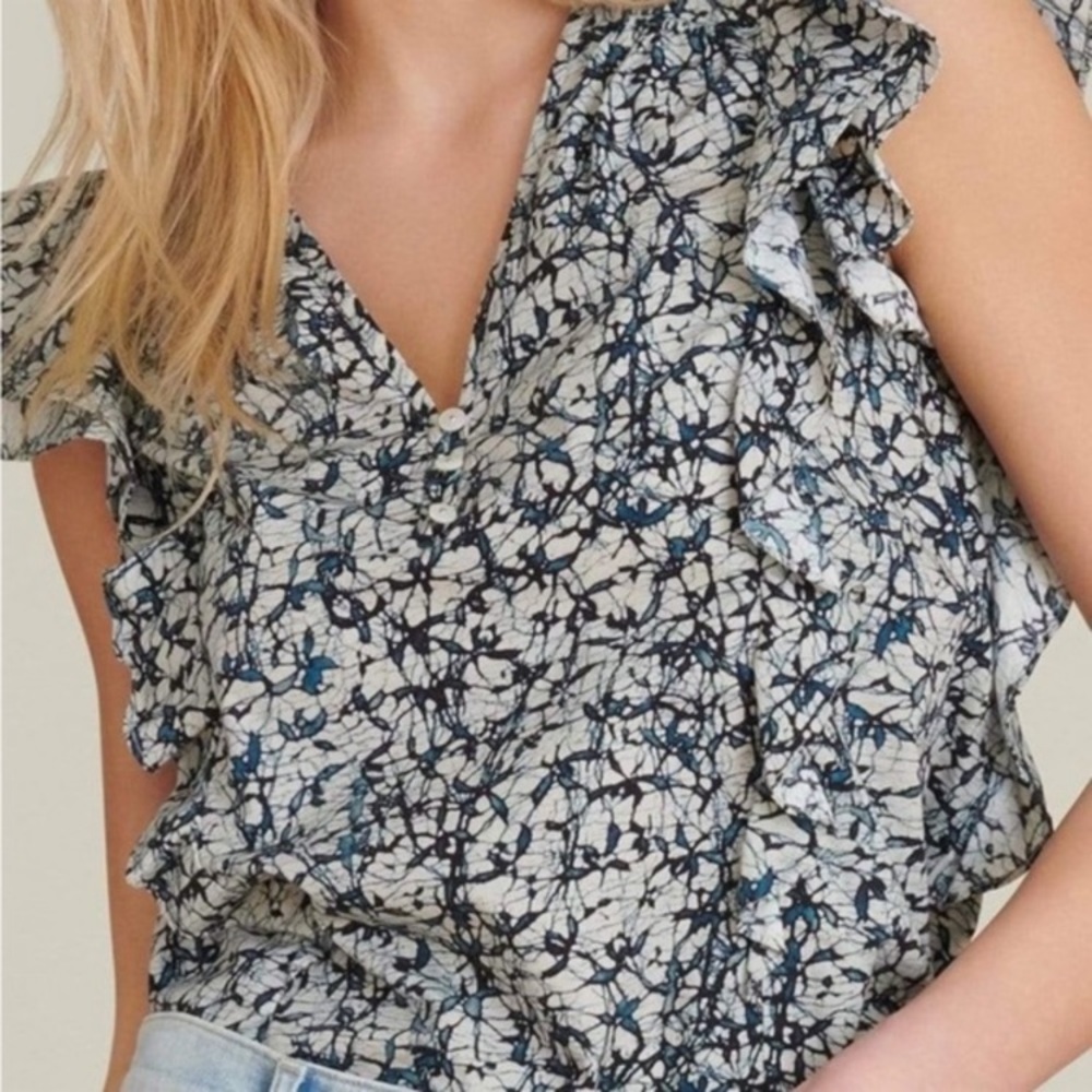 Veronica beard joi batik floral pattern ruffle cotton top